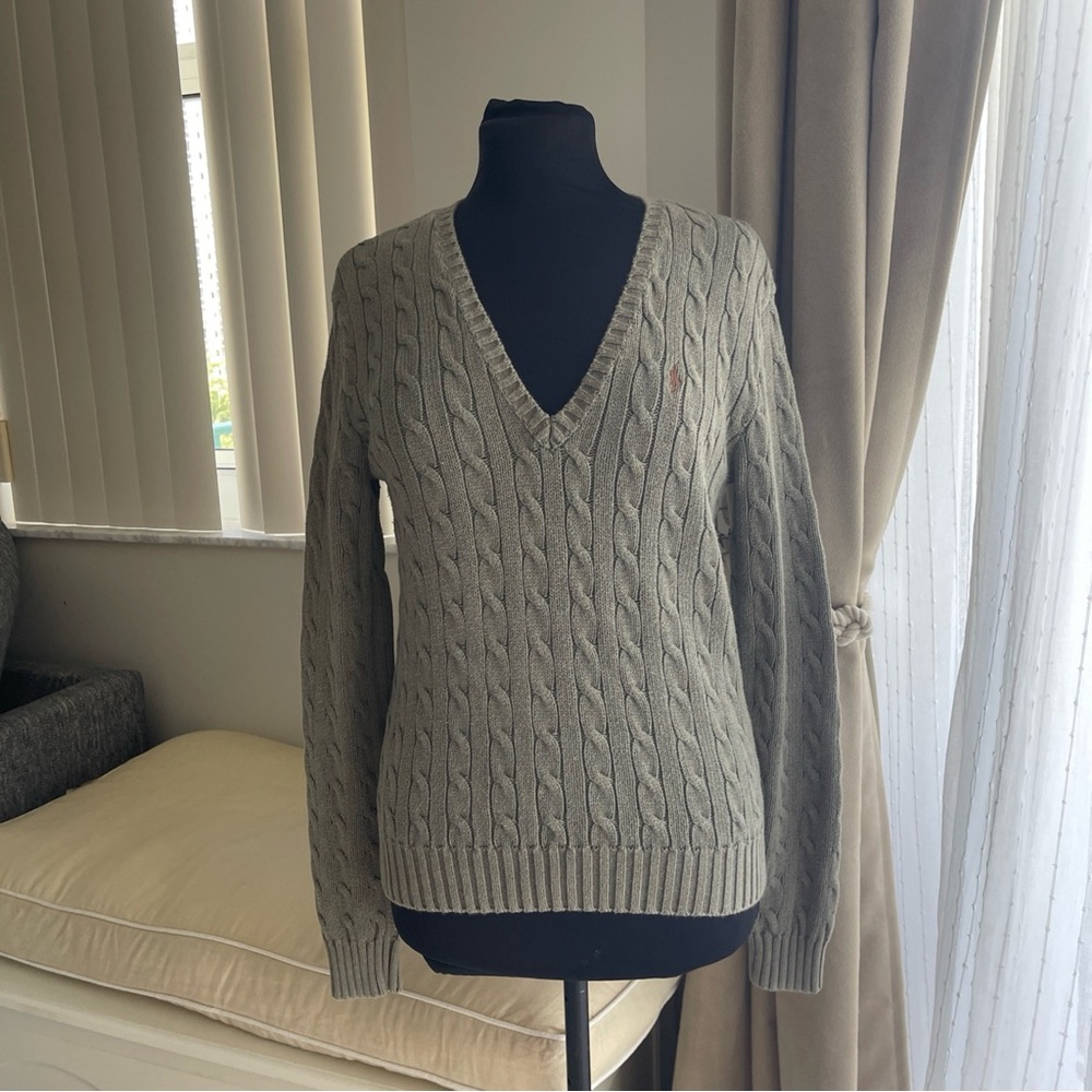 Ralph Lauren V-Neck Cable Knit Sweater - Green heathered L